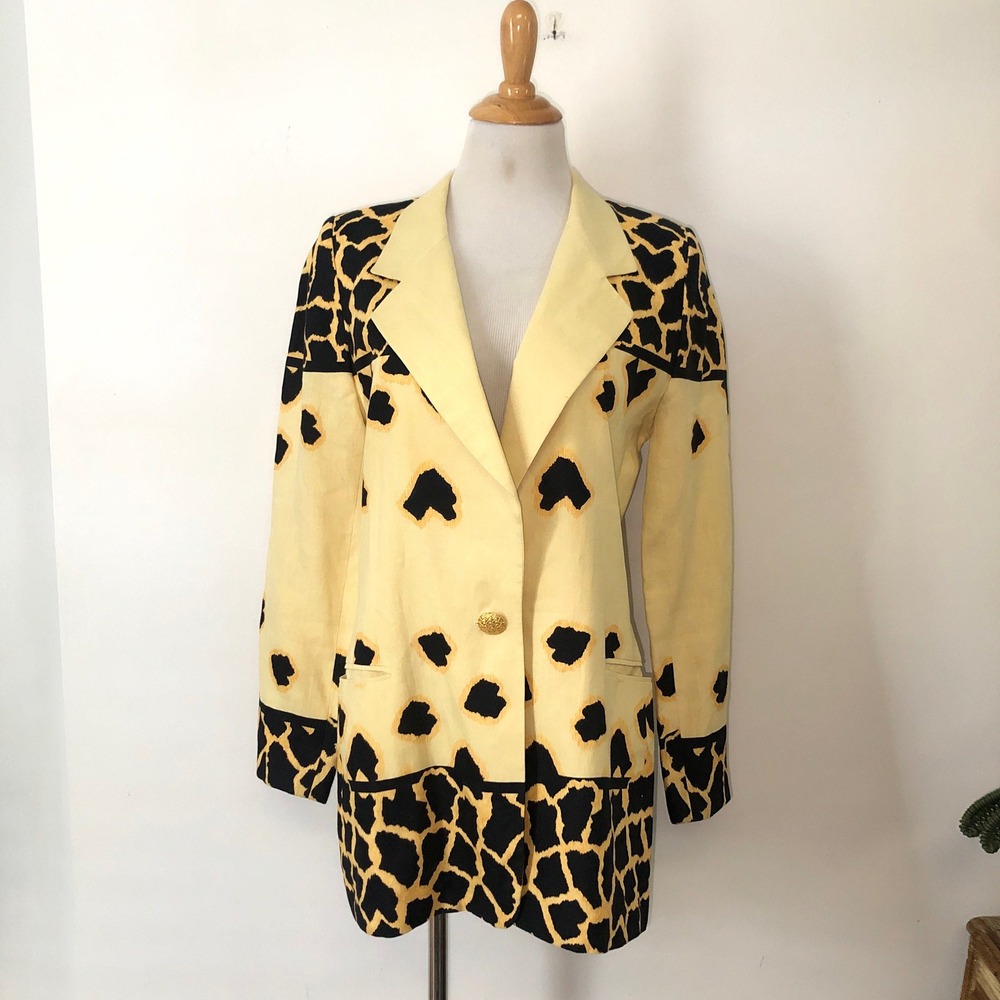 Escada by Margaretha Ley vintage animal giraffe print yellow linen blazer sz 36